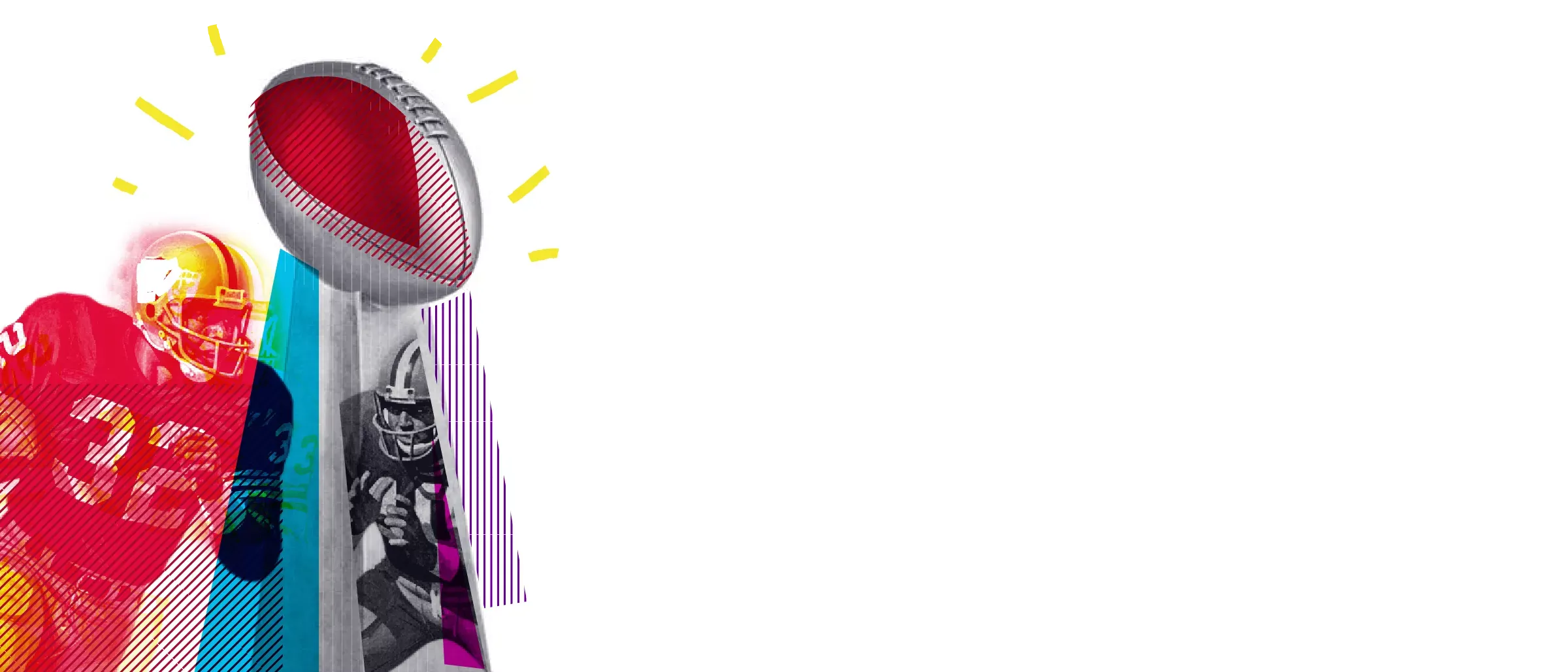 A stylized Vince Lombardi Trophy positioned on the left side of a wide white background, flanked by colorful, artistic renderings of football players.